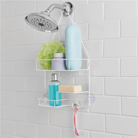 Basic Hanging Shower Caddy with 2 Shelves and Soap Tray, White - Picture 1 of 5